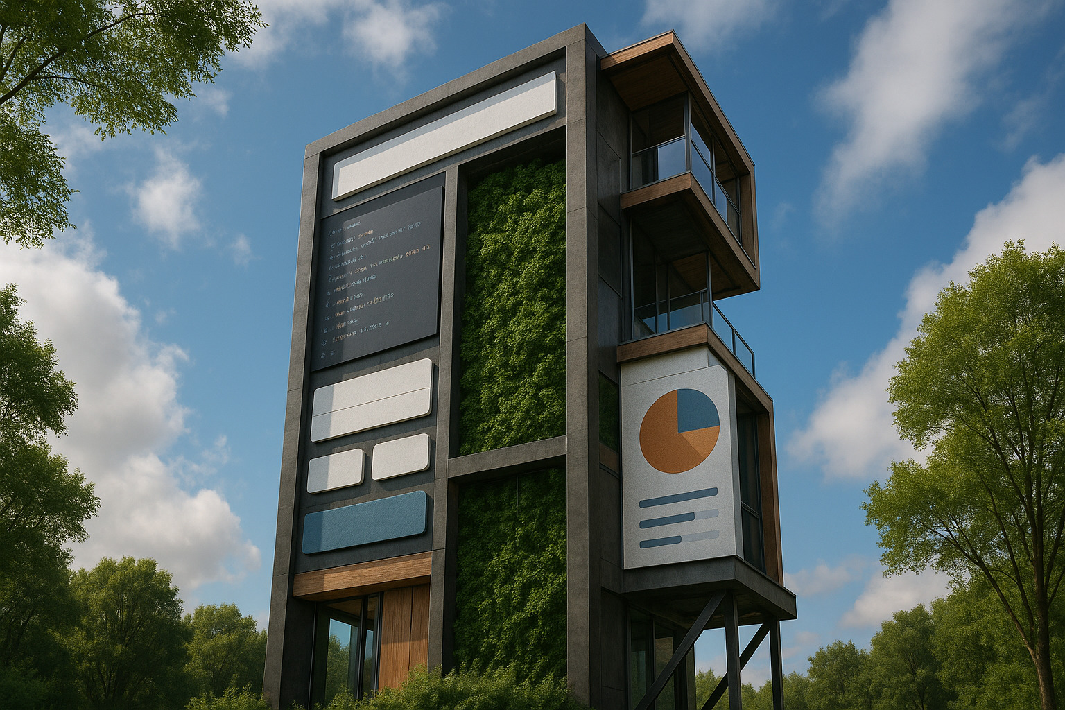 AI generated image of modern building with green spaces, tech elements and a wall of code