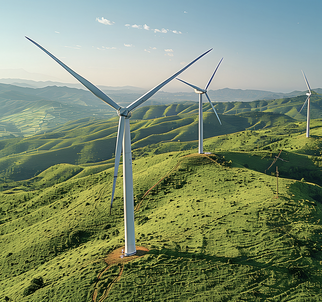 Three wind turbines on a grassy hillside.
