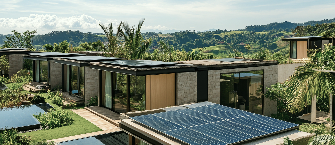Modern homes with solar panels and a pool in a tropical setting.