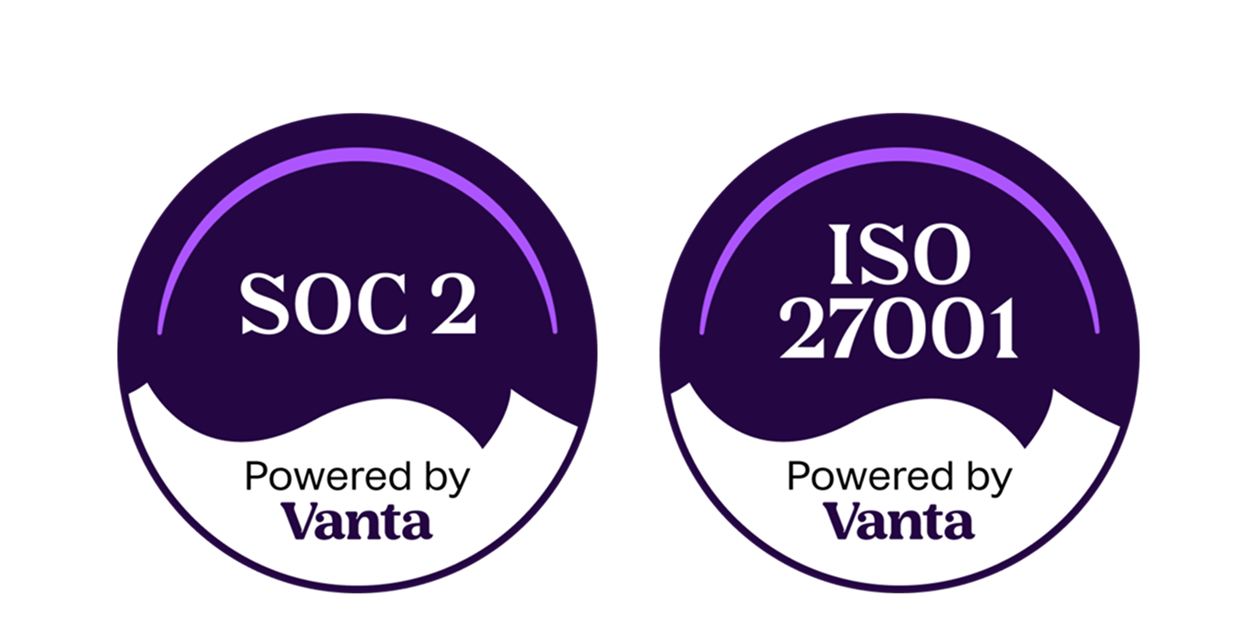 SOC 2 Type II and ISO 27001 compliance badges from Vanta