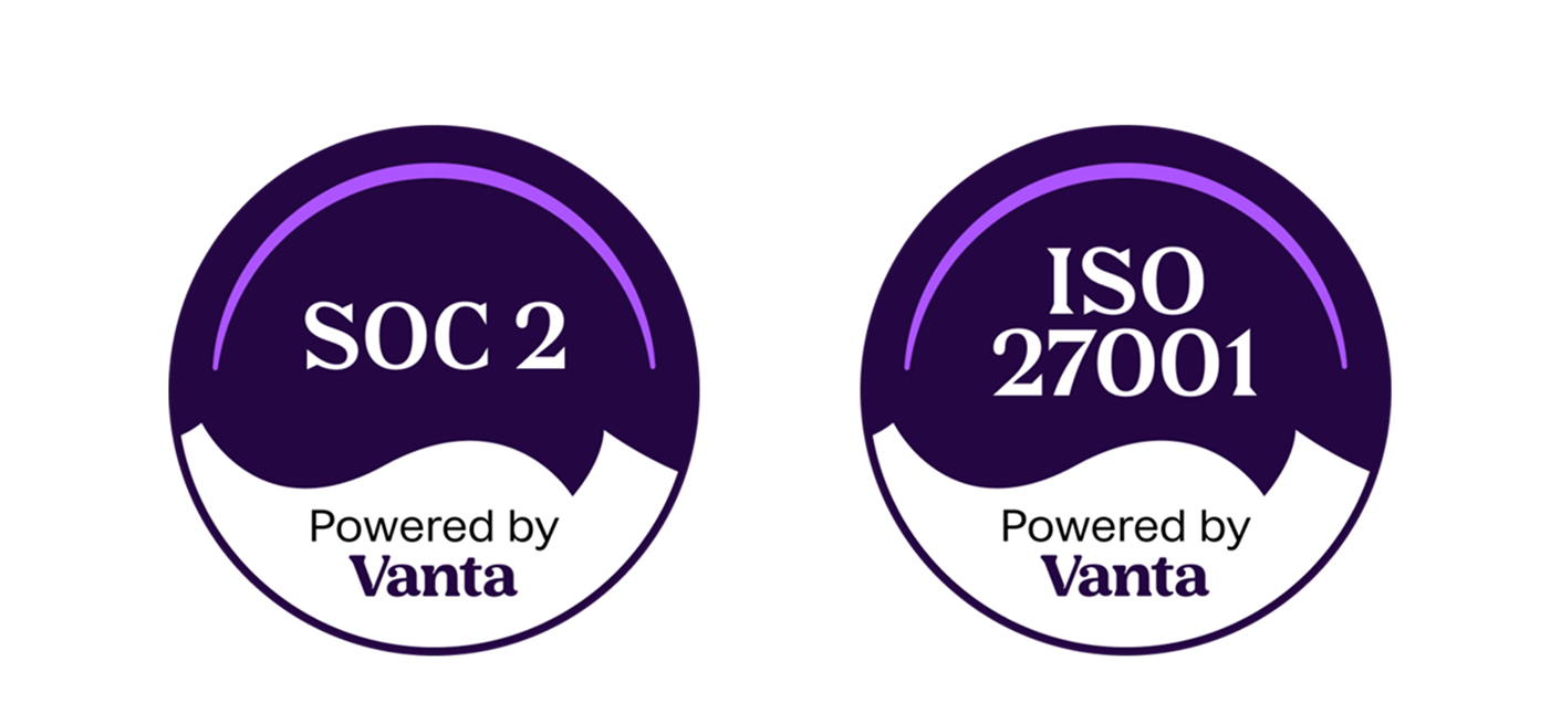 SOC 2 Type II and ISO 27001 compliance badges from Vanta