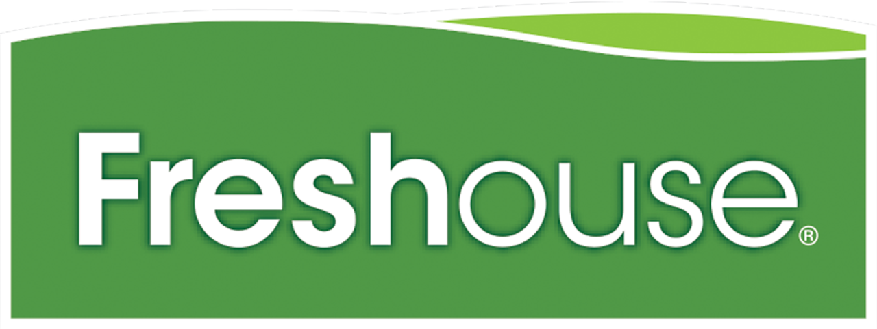 Freshouse logo with white text on a green rectangular background featuring a curved white line at the top.