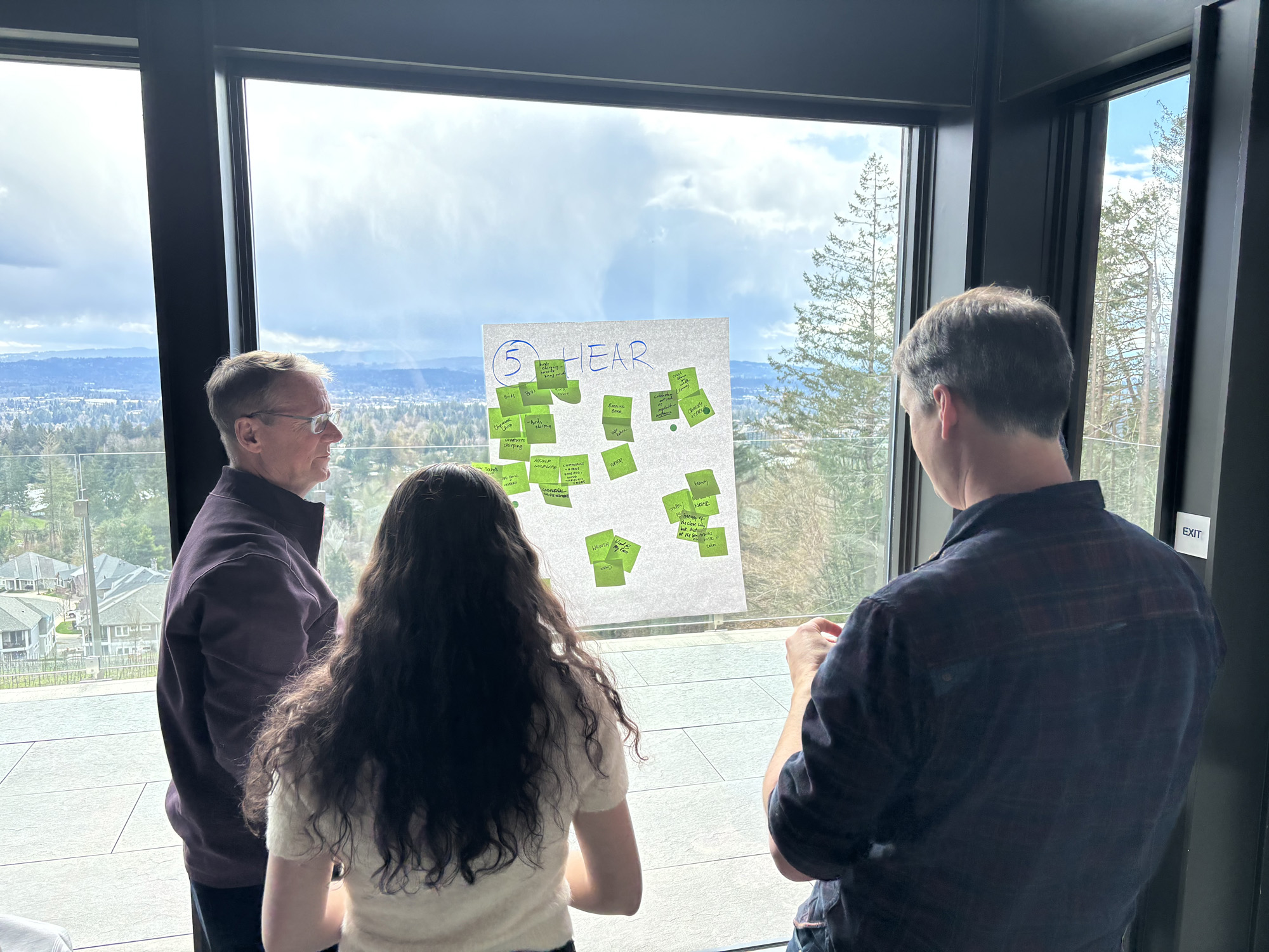 A facilitated group placing post-it notes on a brainstorming document.