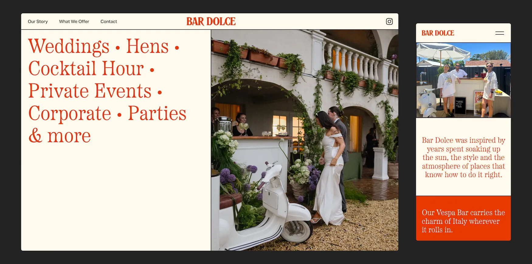 Website layout showing Bar Dolce's event services with a wedding couple near a white Vespa scooter in a garden setting and a mobile view featuring staff at an outdoor bar.