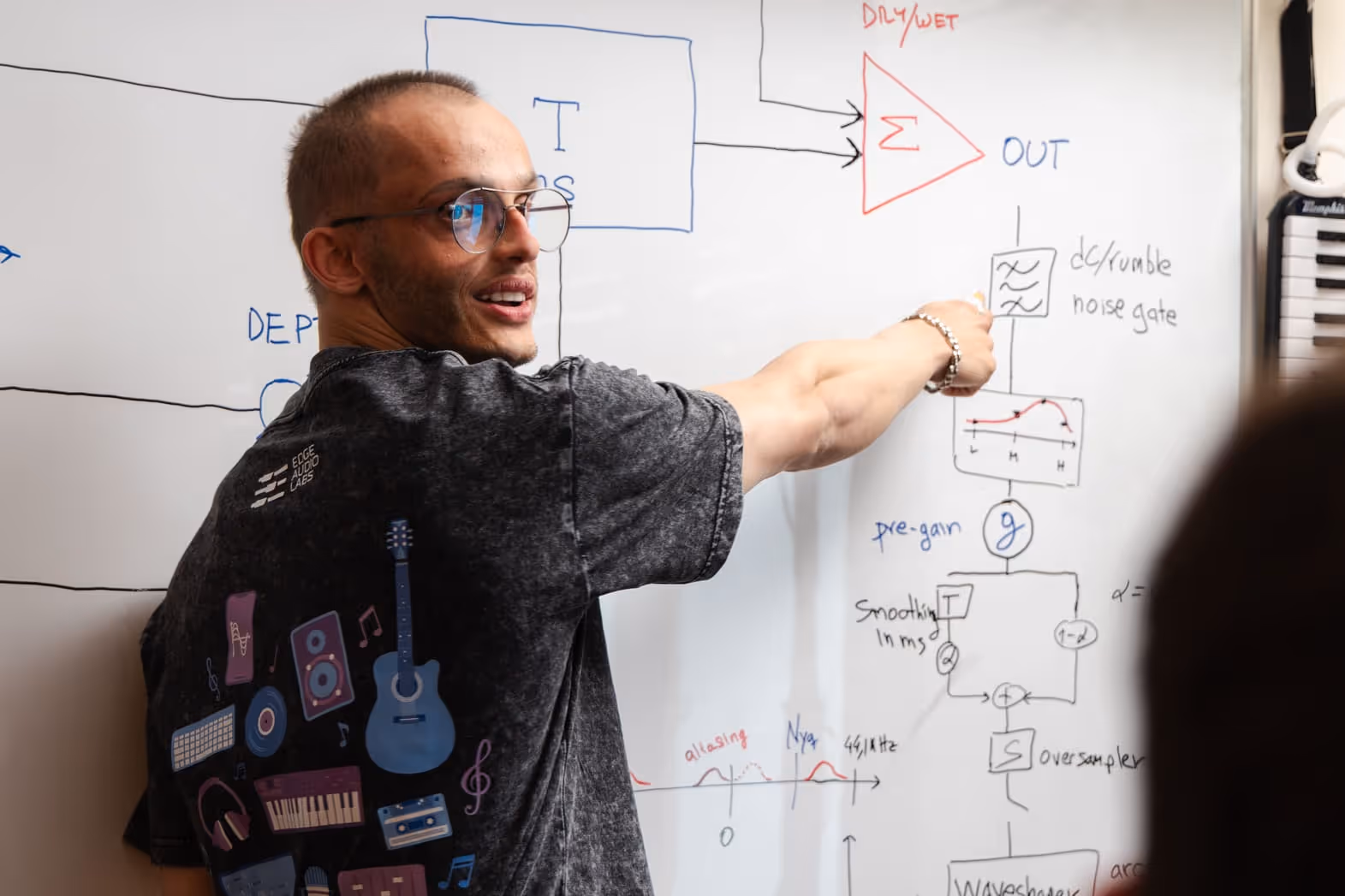 Edge Audio Labs team member explaining audio processing concepts on a whiteboard, showcasing the company's commitment to education and innovation in audio technology.