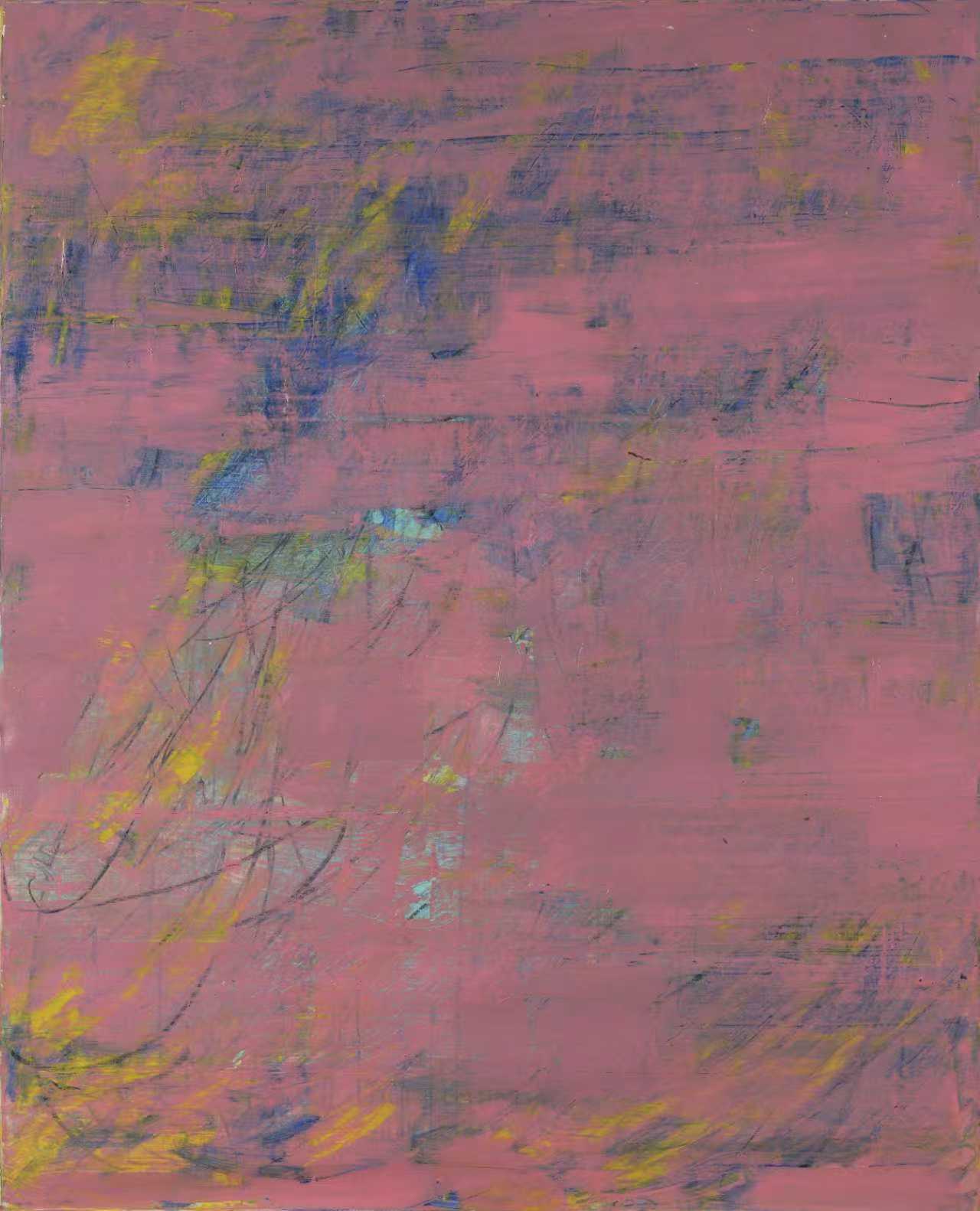 Using multi-layered glazing techniques to shape pink tones, blending acrylic washes and charcoal lines. It conveys dreamlike softness and inner emotions through layered colors and brush rhythms.