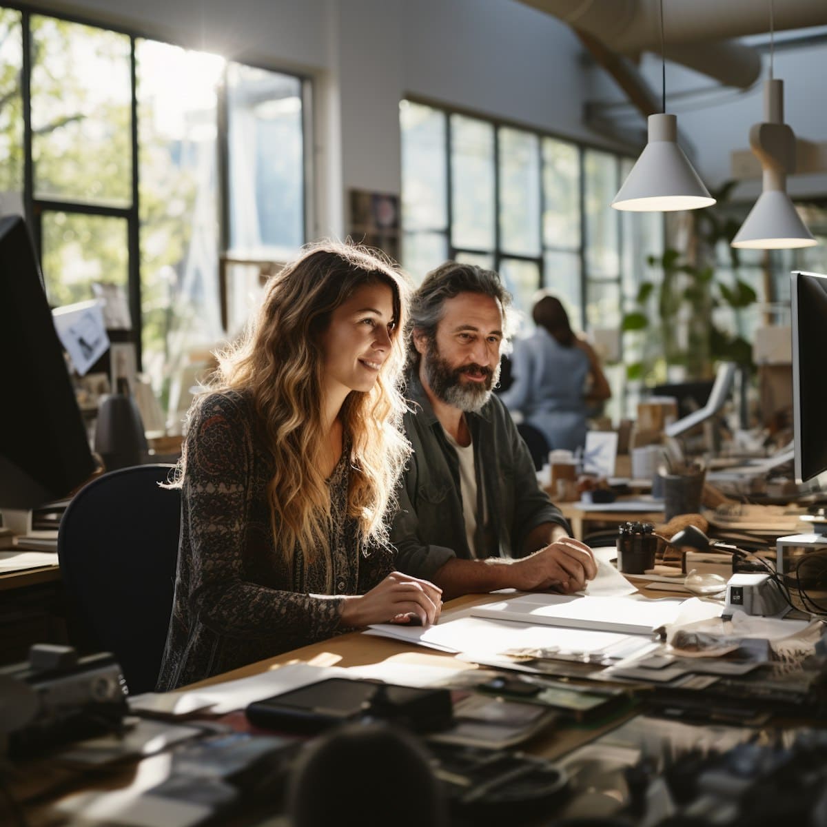 Ein Mann und eine Frau arbeiten zusammen an einem Schreibtisch