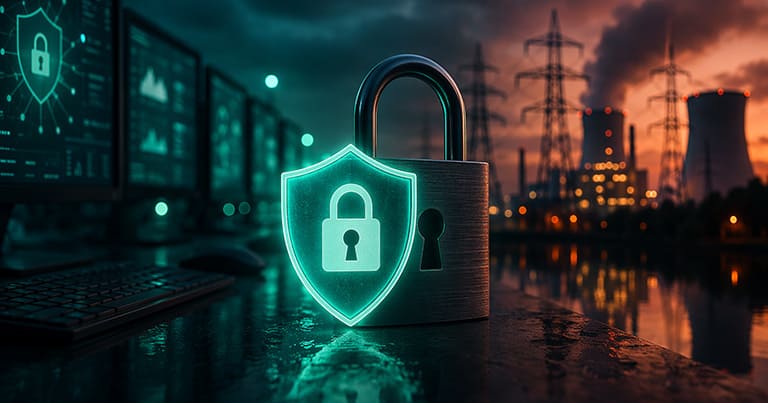 Leuchtendes Sicherheitsschloss vor Industrieanlage als Symbol für Passwortsicherheit, Zugriffsschutz und Cybersecurity mit Uniqkey Cloud