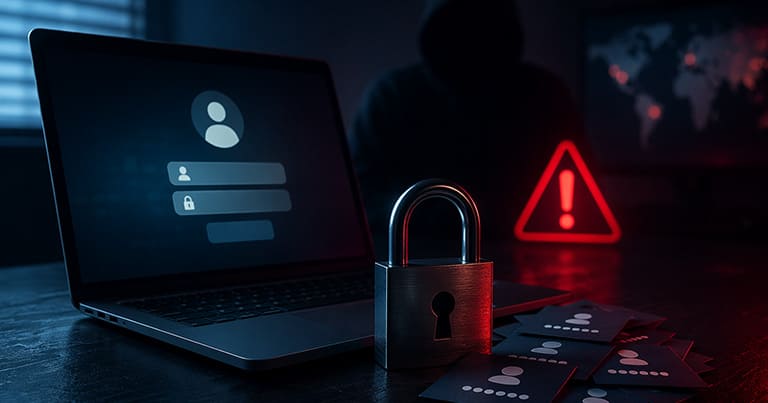 Symbolbild für Datenleck und Sicherheitsvorfall: kompromittierte Zugangsdaten, Login-Schutz und Passwortsicherheit mit Uniqkey Cloud