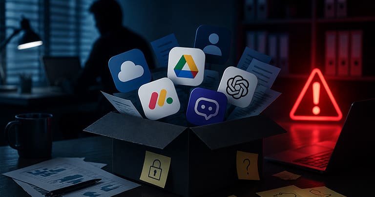 Symbolbild für Shadow IT im Unternehmen: unkontrollierte Cloud-Apps, fehlende Zugriffssteuerung und Sicherheitsrisiken mit Uniqkey Cloud