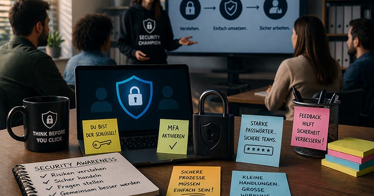 Symbolbild für Security Awareness im Unternehmen: Mitarbeiterschulung zu MFA, starken Passwörtern und sicheren Zugriffsprozessen mit Uniqkey Cloud