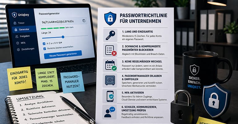 Symbolbild für Passwort-Richtlinien im Unternehmen: Passwortgenerator, MFA und sichere Passwortverwaltung mit Uniqkey Cloud