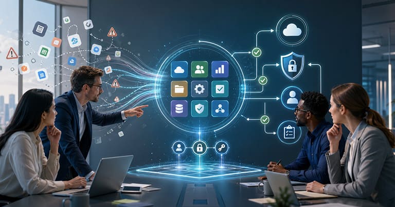 Business-led IT in einem modernen Büro: Fachbereiche und IT-Security arbeiten gemeinsam an einer sicheren SaaS- und Cloud-Architektur, während ungeordnete Shadow-IT-Apps in strukturierte Governance-, Zugriffs- und Sicherheitsprozesse überführt werden.