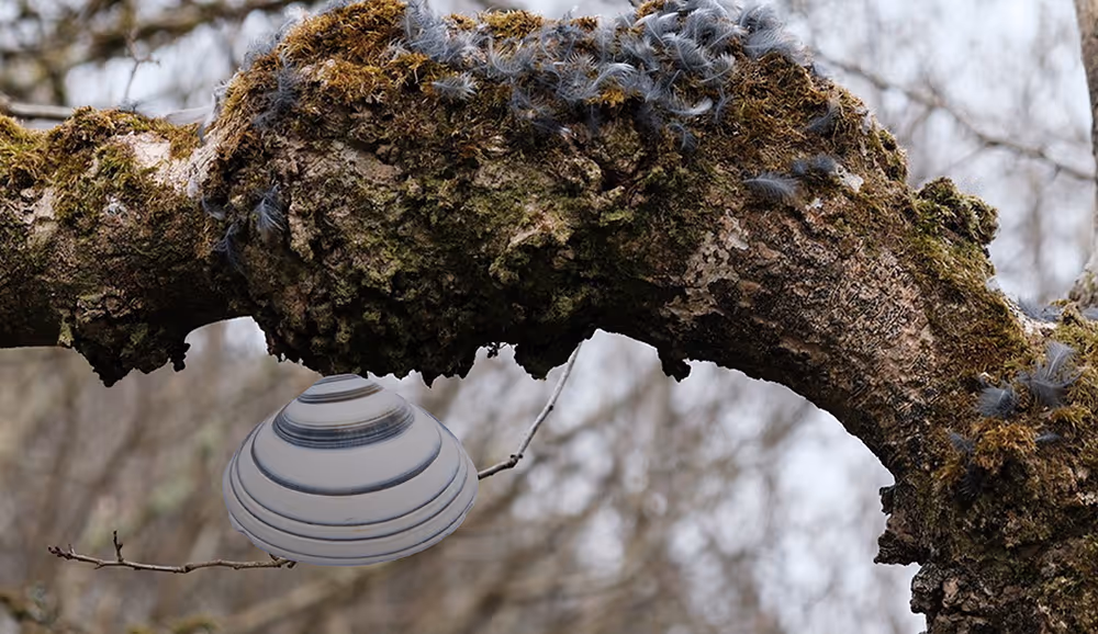 A landscape image of a section of thick warped tree branch photographed in detail, covered with light green moss, algae, lichen, grey fluffy bird feathers and cracked bark. There are a blur of bare winter tree branches in the background with a grey sky in the distance. Overlaid in the lower left corner is an image of a white shell with black growth rings emanating from its tip.