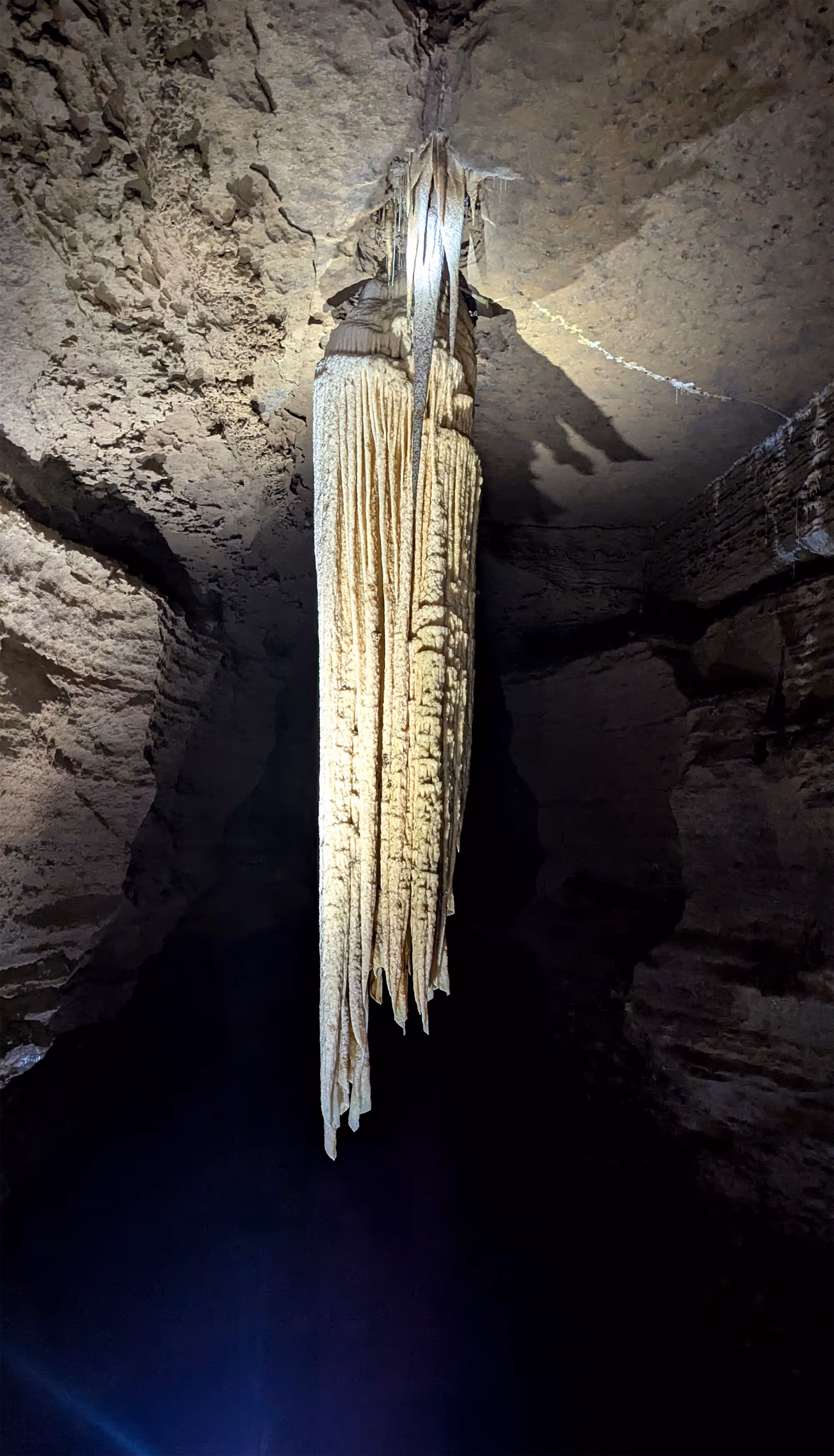 A portrait image of the inside of a cavern. The top two thirds of the image is the sides and ceiling of the cavern made up of a rough chalky pale grey-brown stone. In the centre, is a stalactite, thin and precarious looking at its base in the cave ceiling, forming thicker and wider for a while, falling almost like drapes of fabric, narrowing again towards the end. It is a rich creamy, ivory colour, almost yellow where it is thick and layered, falling into shadow where it disappears into itself. There is a second, much smaller, spikier stalactite just in front of the first, that stops just as the first starts to widen out. This is more of a grey colour. The image falls away into darkness in the lower third, except for a faint inkling of a flashlight in the lower left corner, creating the beginning of a bright blueish-white orb.