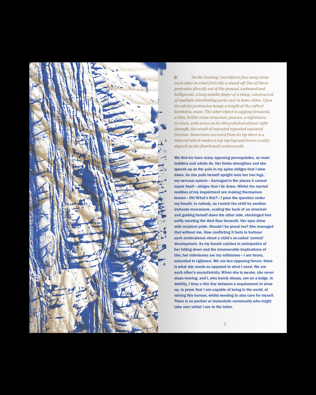 A spread of a publication on a black background. The text is blue and gold. The imagery is abstract and overlaid.