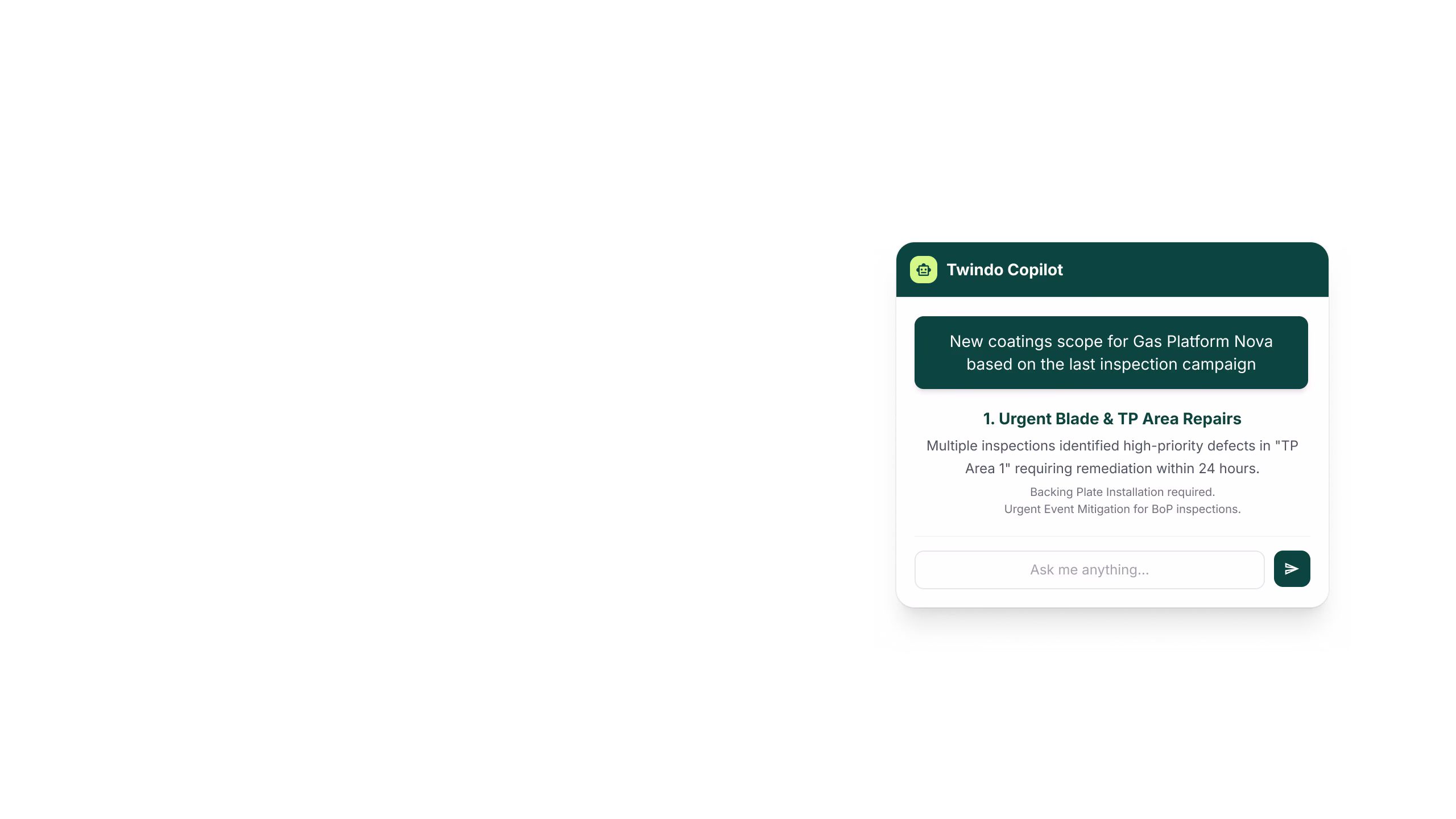Twindo Copilot interface showing urgent blade and TP area repairs scope for Gas Platform Nova from the last inspection campaign.