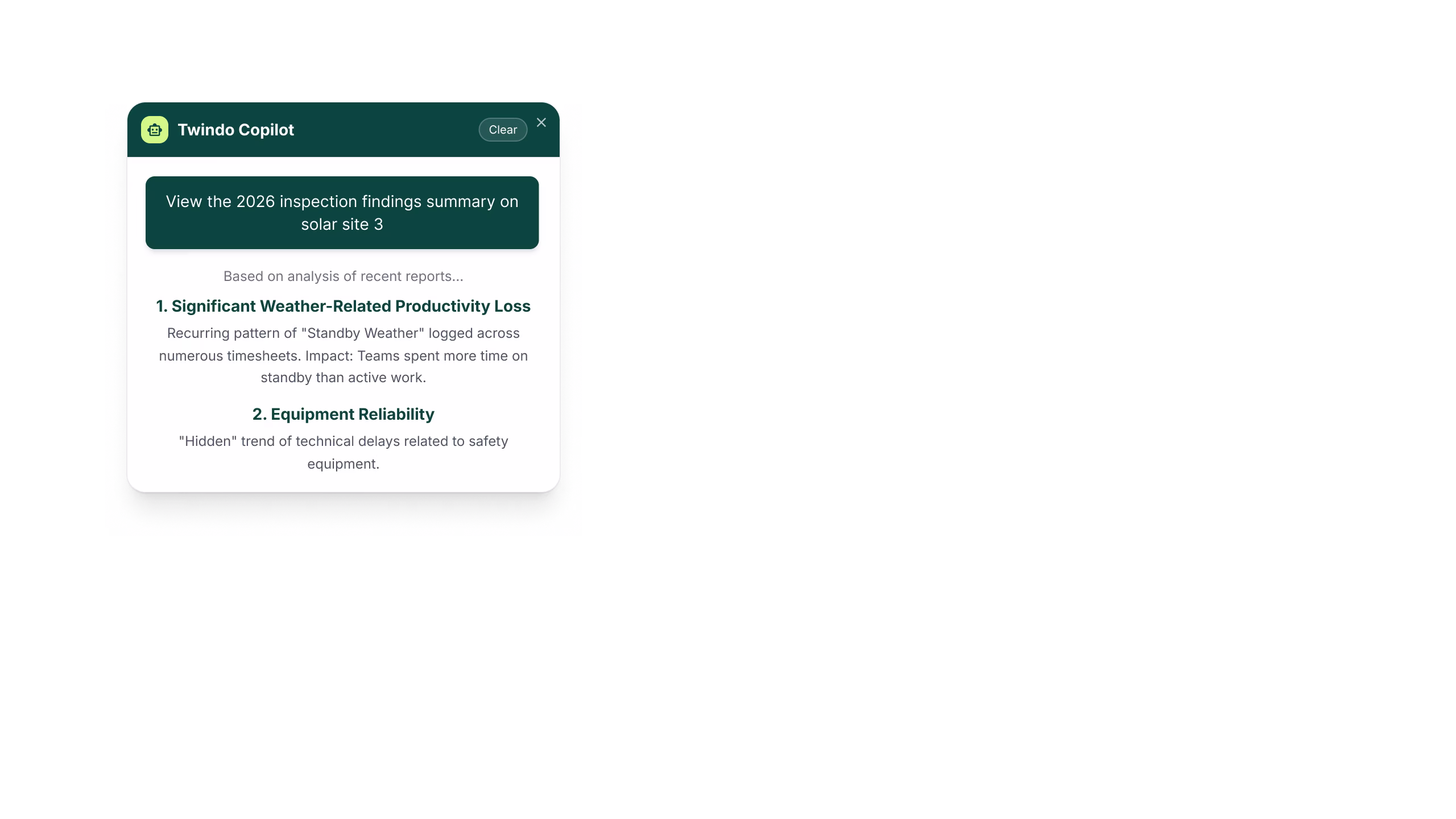 Twindo Copilot interface showing 2026 inspection findings summary for solar site 3, highlighting significant weather-related productivity loss and equipment reliability issues.