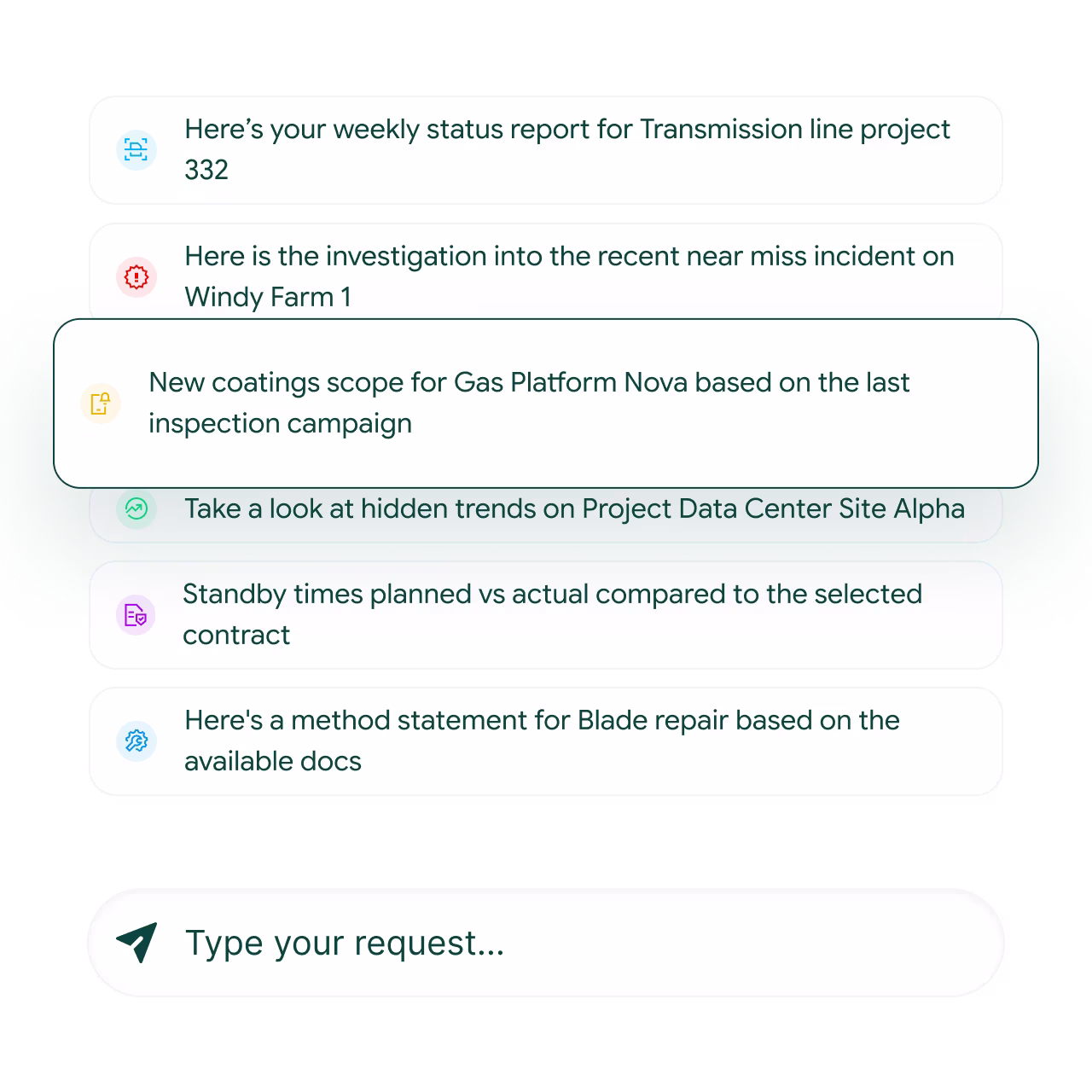 Chat interface showing a list of project-related messages including status reports and investigation updates with an input box labeled 'Type your request...'.