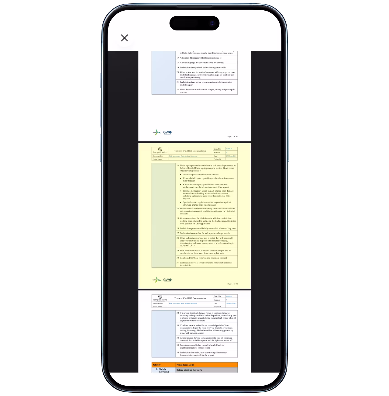 Smartphone displaying a multi-page document with tables, text blocks, and logos related to Tempest Wind HSE documentation and risk assessment.