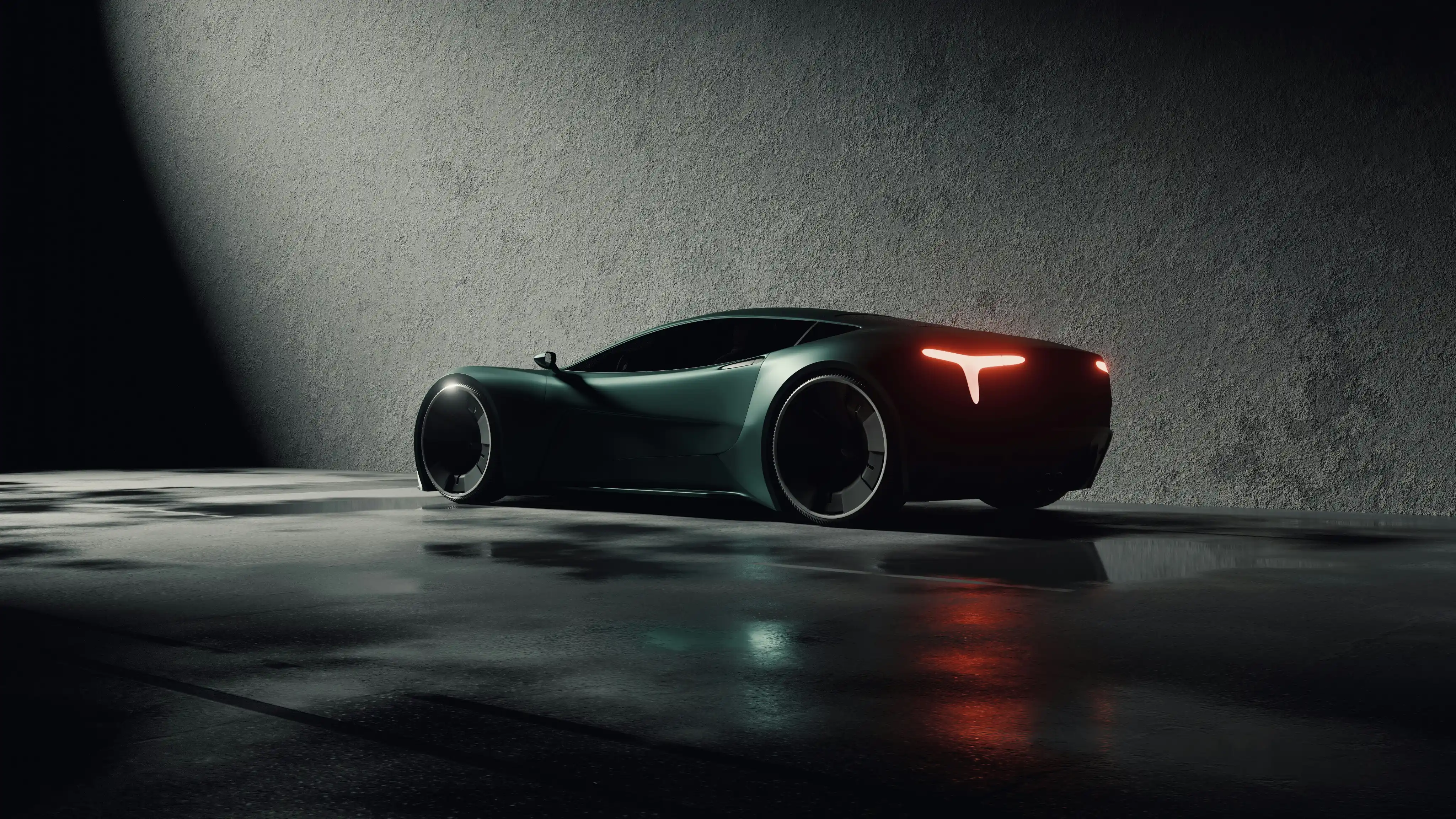 Realistic image of a dark green super car.
