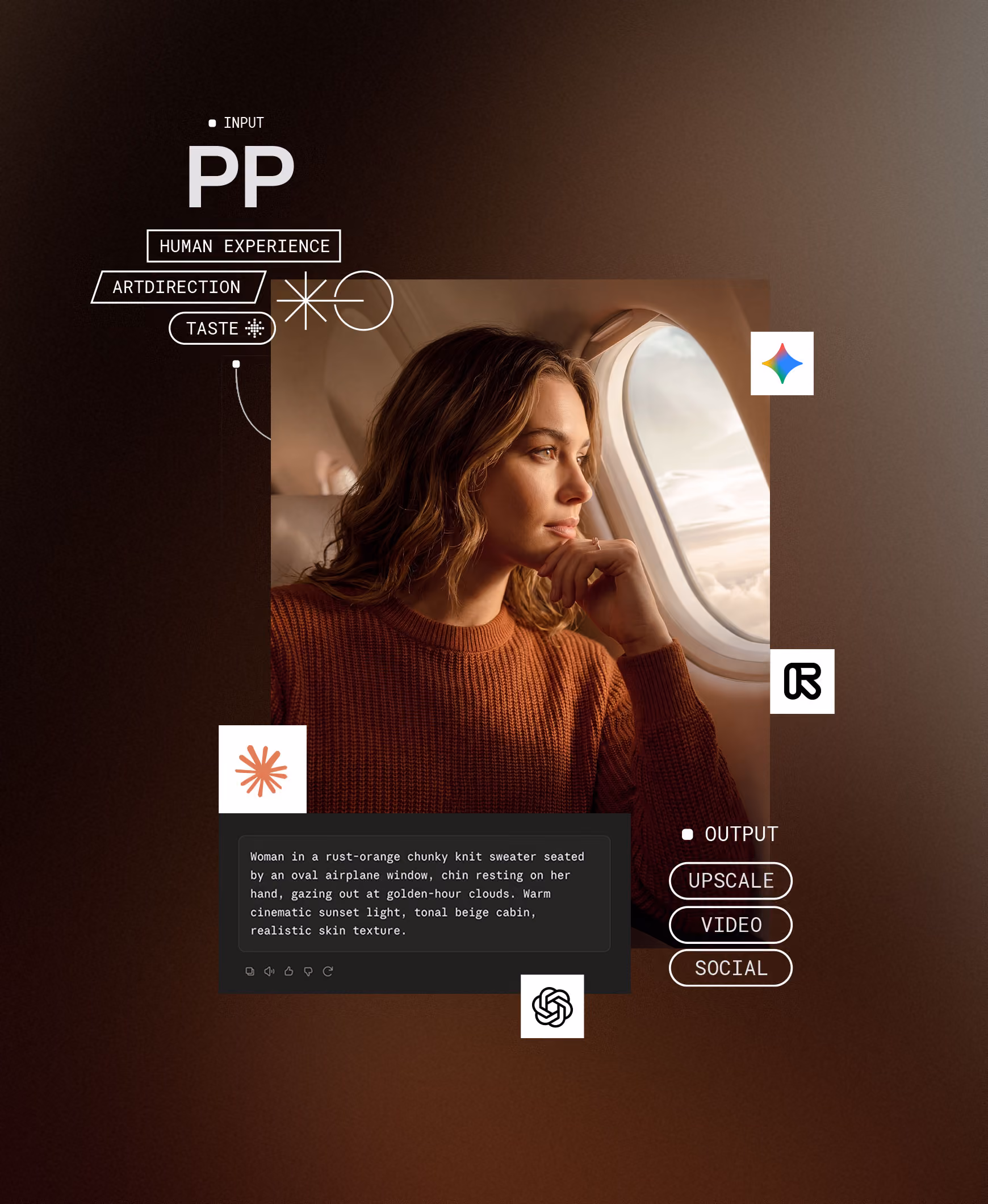 Eine Collage mit einem Farbverlauf im Hintergrund und einem Foto von einer Frau mit einem orangen Strickpullover, die aus einem Flugzeugfenster schaut.