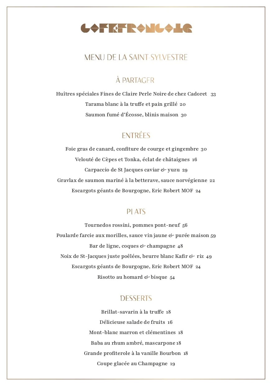 Menu de la Saint-Sylvestre du Café Français présentant des sections À partager, Entrées, Plats et Desserts avec des plats gastronomiques français et leurs prix en euros.