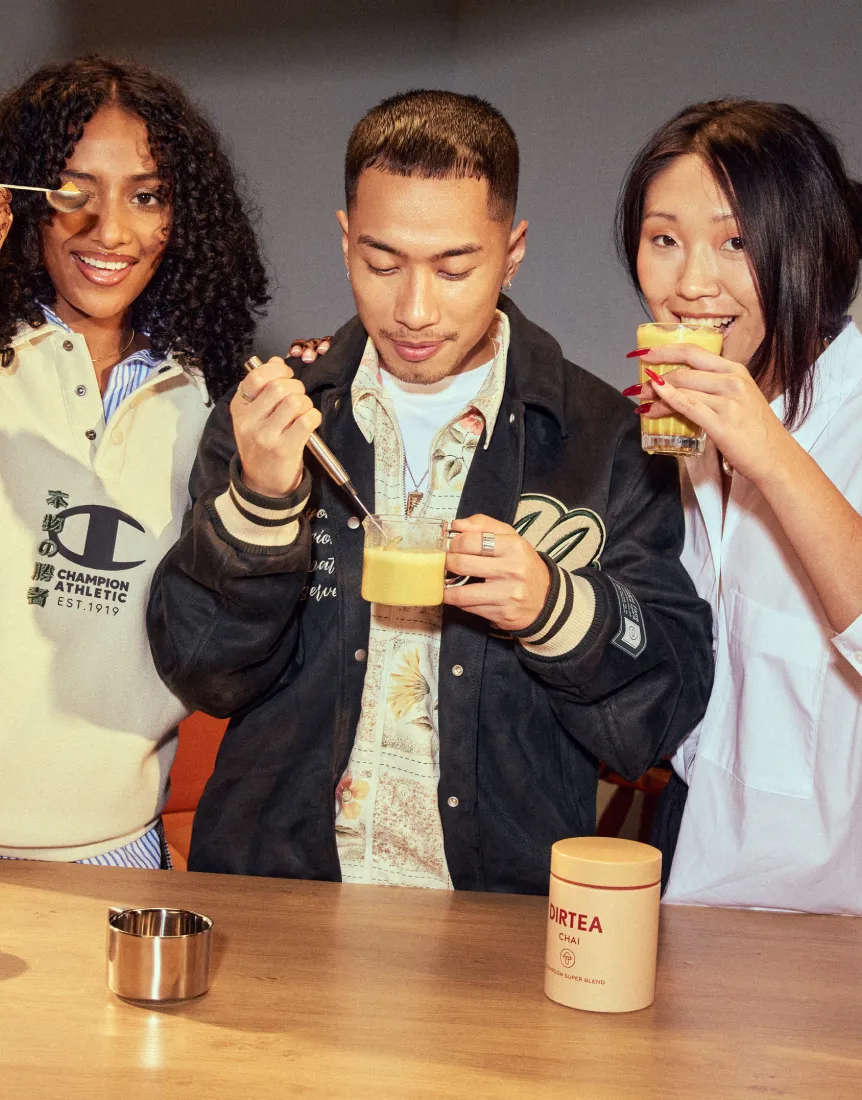 Three people trying Dirtea products.