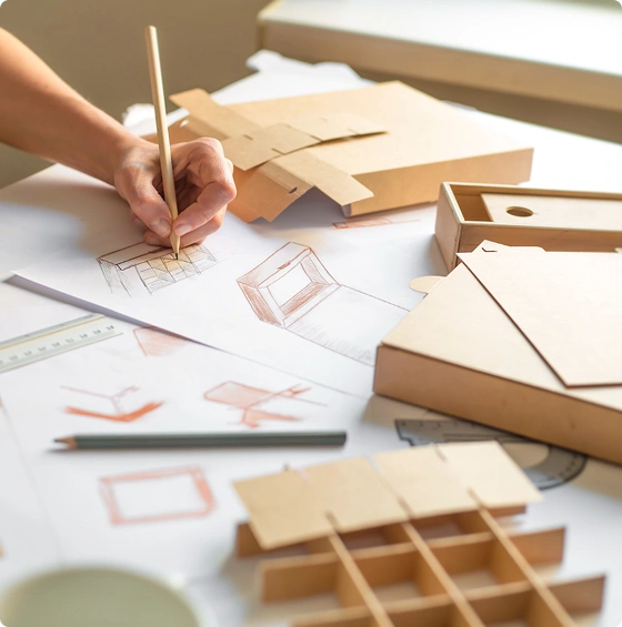 Hand sketching packaging design concepts next to assembled cardboard box prototypes on a white workspace.
