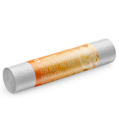 Roll of white paper banderoles with an orange label reading 'Paper Banderoles for Roll-Packed Products' by Leoprint.