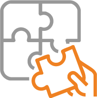 Hand placing an orange puzzle piece into a grey puzzle with three connected pieces.