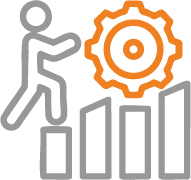 Icon of a person climbing ascending bar chart with an orange gear symbol above the highest bar.