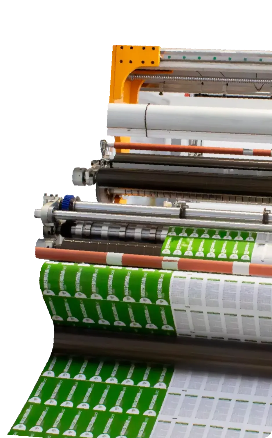 Printing machine producing sheets of green and white labels with text and icons.