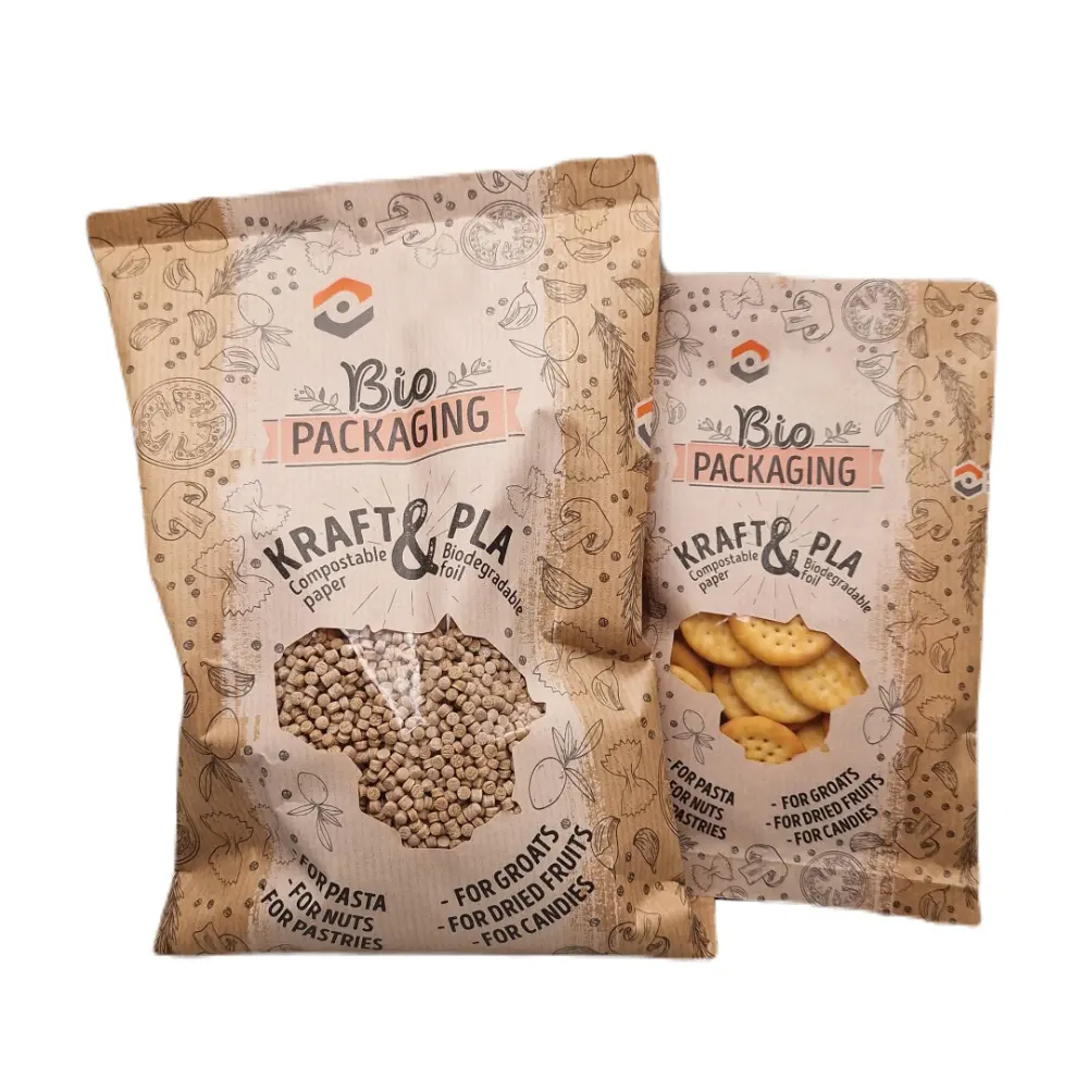 Compostable kraft paper packaging with window for dry food products like groats and nuts.