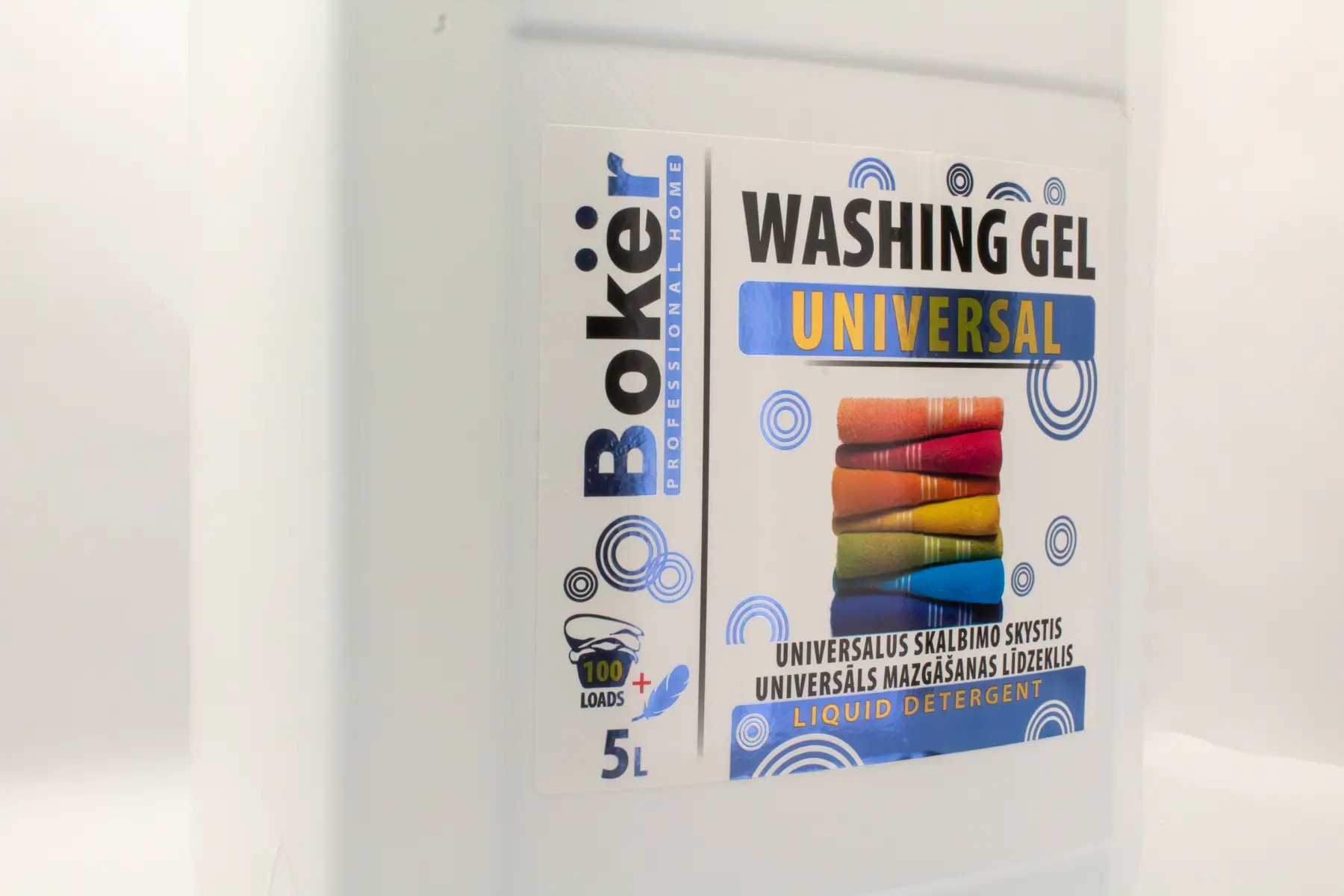 Large format colorful self-adhesive label for liquid detergent packaging designed to resist moisture.