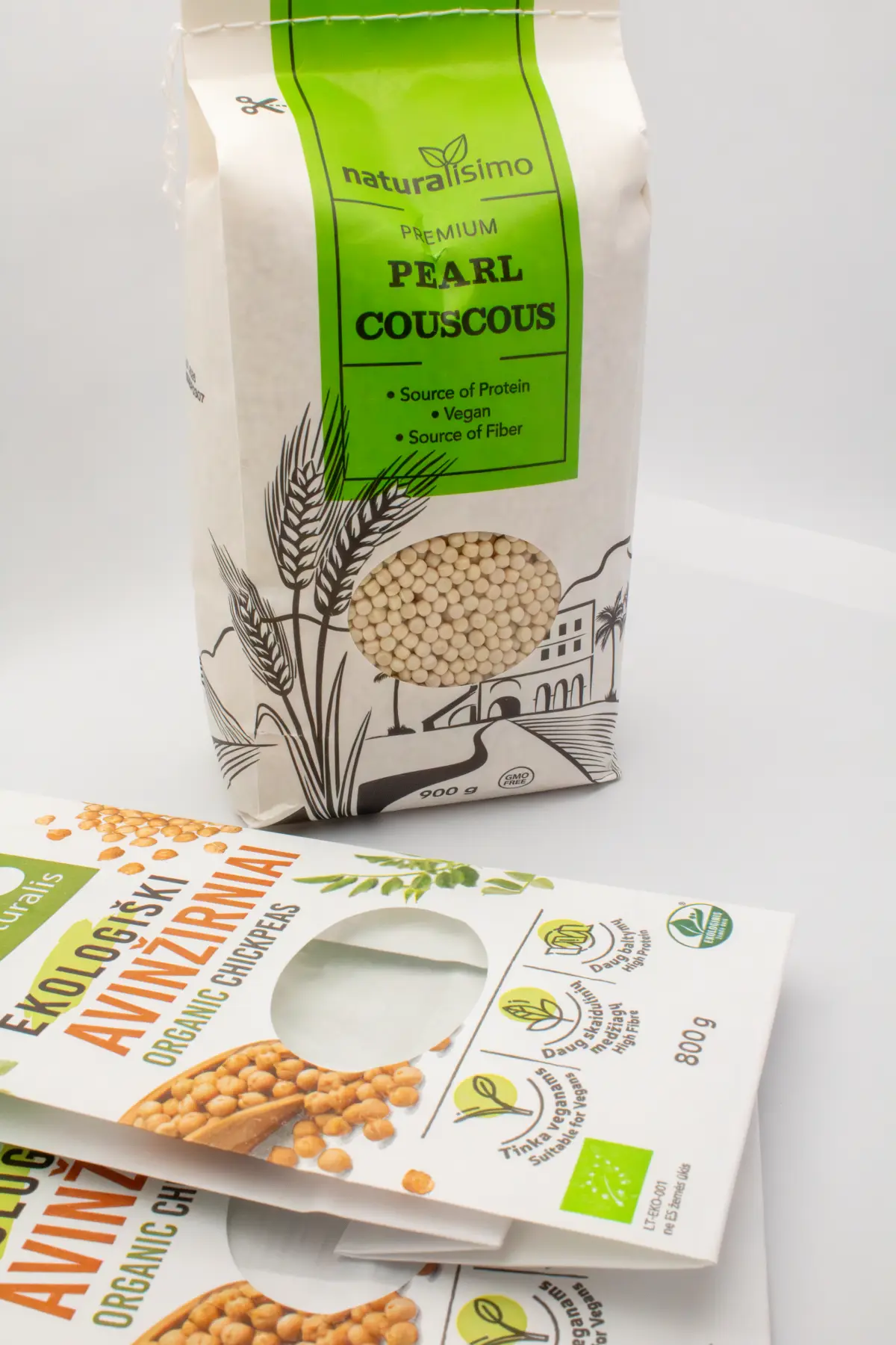 Printed white block bottom paper bag with a clear window for organic chickpeas and couscous.