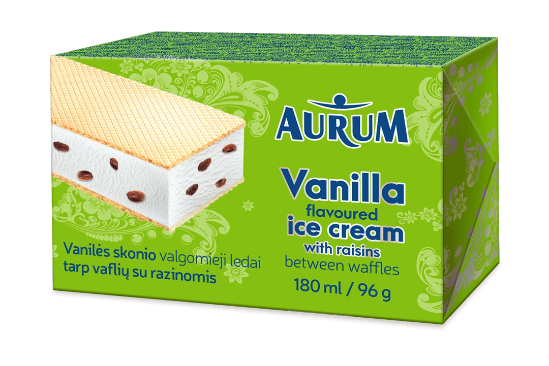 Green aluminium foil packaging design for ice cream sandwich with raisins.