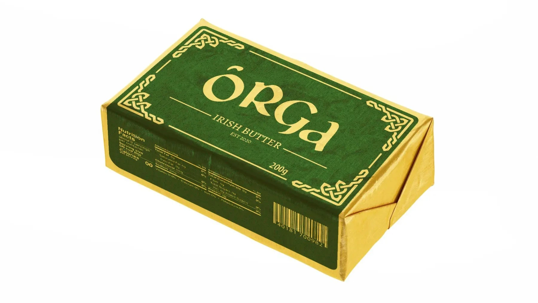 Premium printed aluminium foil packaging for Irish butter block, gold and green finish.