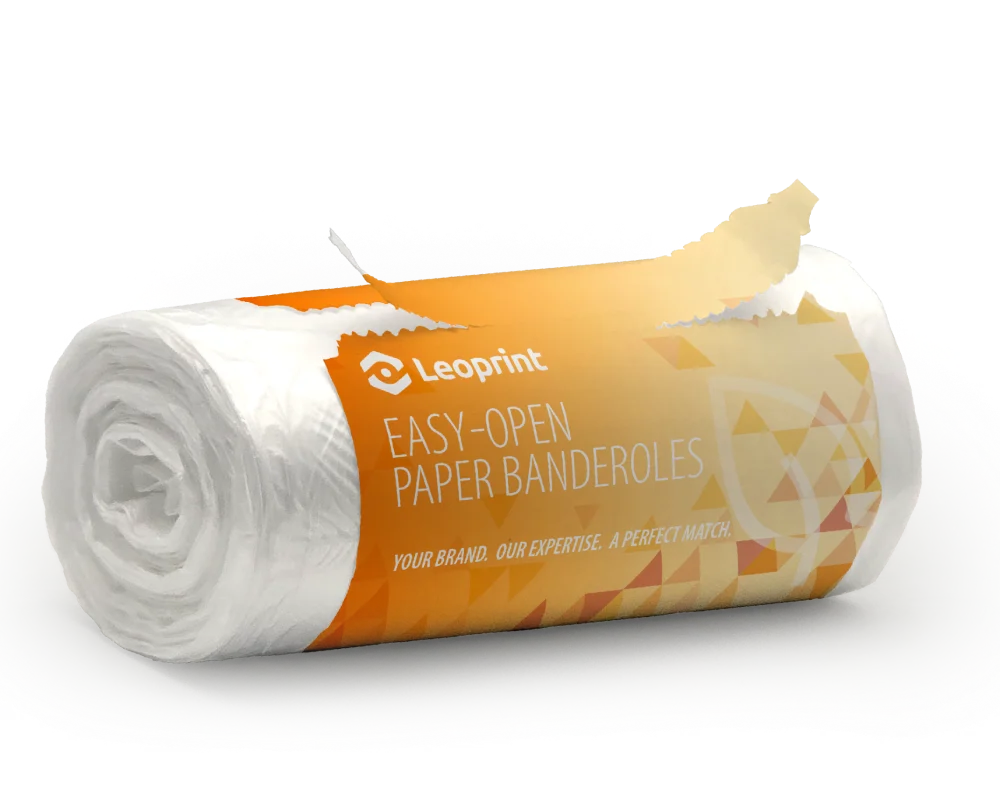 Leoprint paper banderole mockup on an industrial roll, showcasing sustainable bundling and Easy-Open technology.