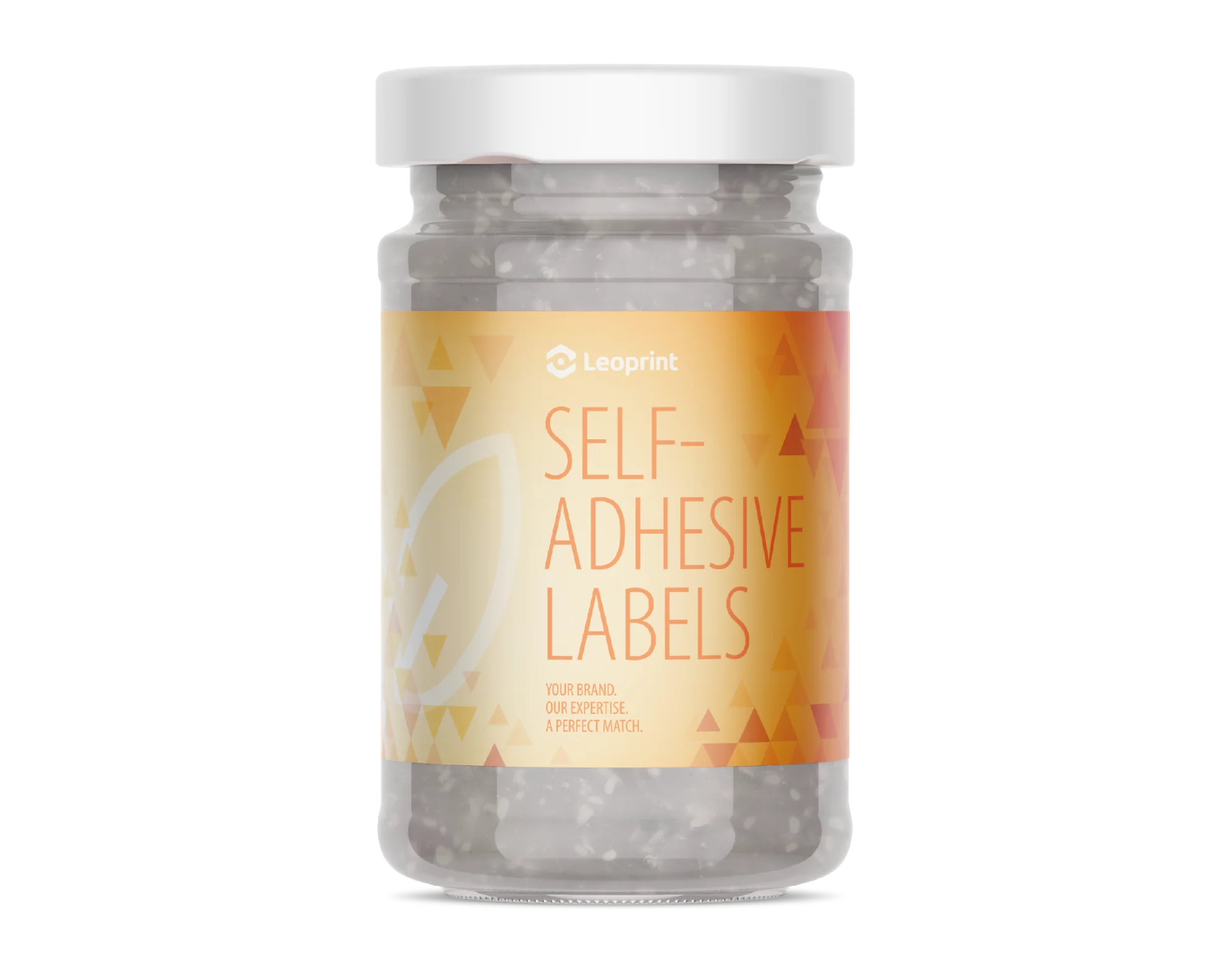 Wizualizacja etykiety samoprzylepnej z nadrukiem Leoprint na słoiku, reprezentująca branding premium i precyzyjne wykrawanie.
