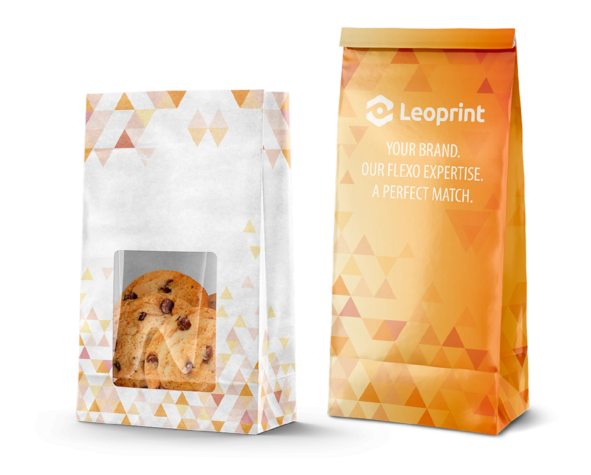 „Leoprint“ stačiakampio dugno (SOS) popierinio maišelio maketas su langeliu, demonstruojantis struktūrinį stabilumą lentynoje.