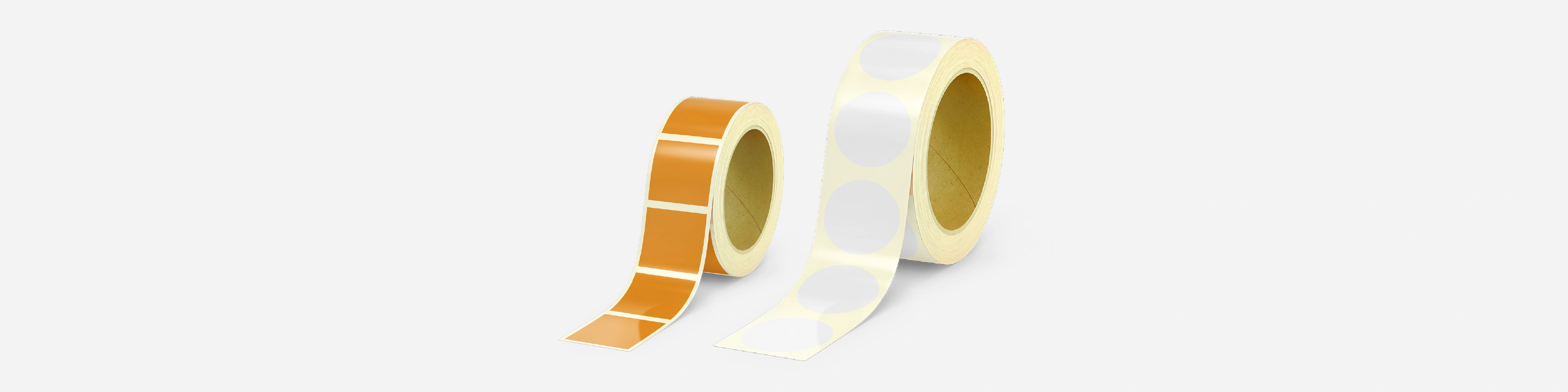 Leoprint blank label rolls mockup for logistics and thermal printing, representing high-volume industrial identification solutions.