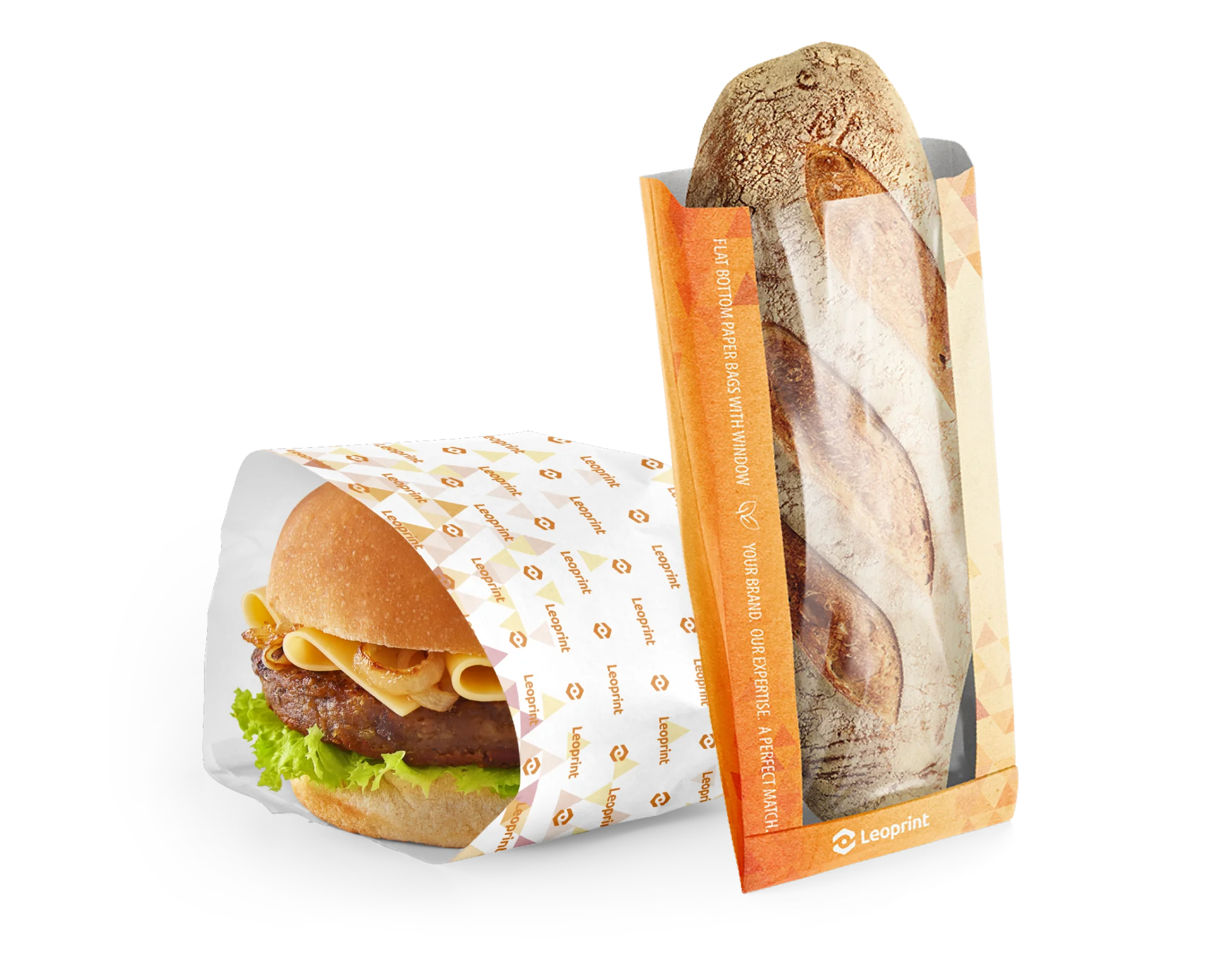 Leoprint V-förmiges Bäckerbeutel-Mockup mit Papierfenster, steht für recycelbare Monomaterial-Verpackungslösungen.