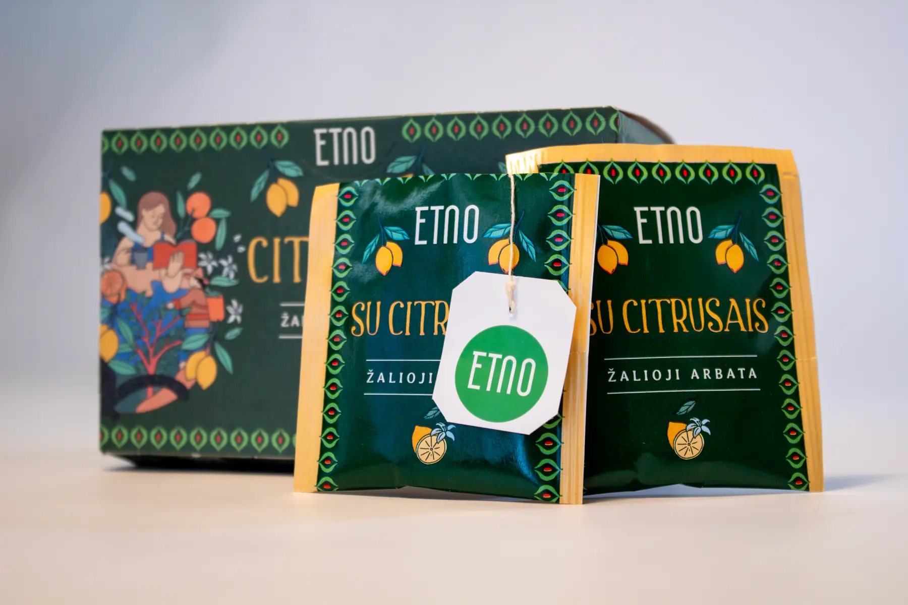 Recyclable tea envelopes and tags for ETNO herbal tea, demonstrating plastic-free PLA lamination and precise conversion for automated tag attachment systems.