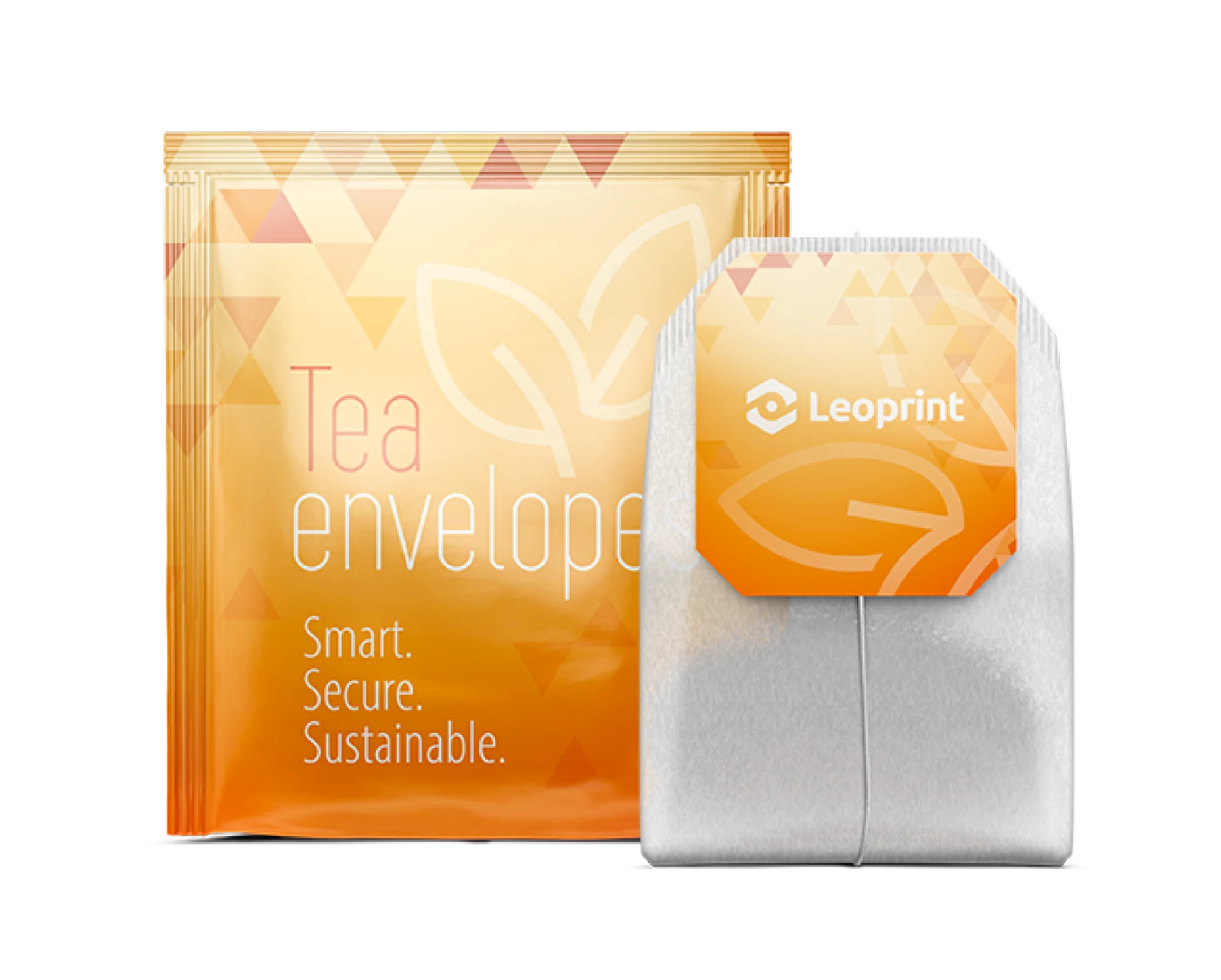Leoprint tea envelope and tag mockup, showcasing heat-sealable paper solutions for IMA and Teepack machines.
