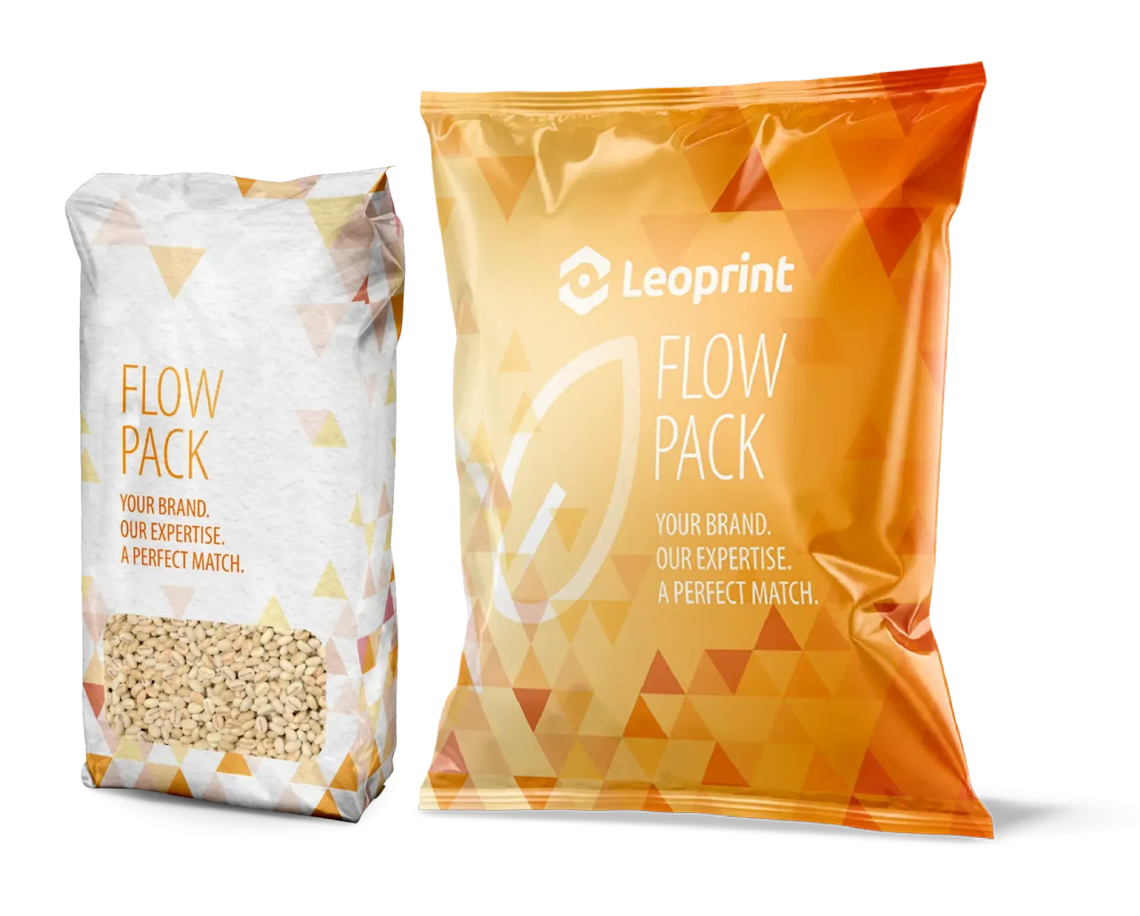 Leoprint heat-sealable paper flow-pack mockup, representing recyclable flexible packaging for high-speed lines.