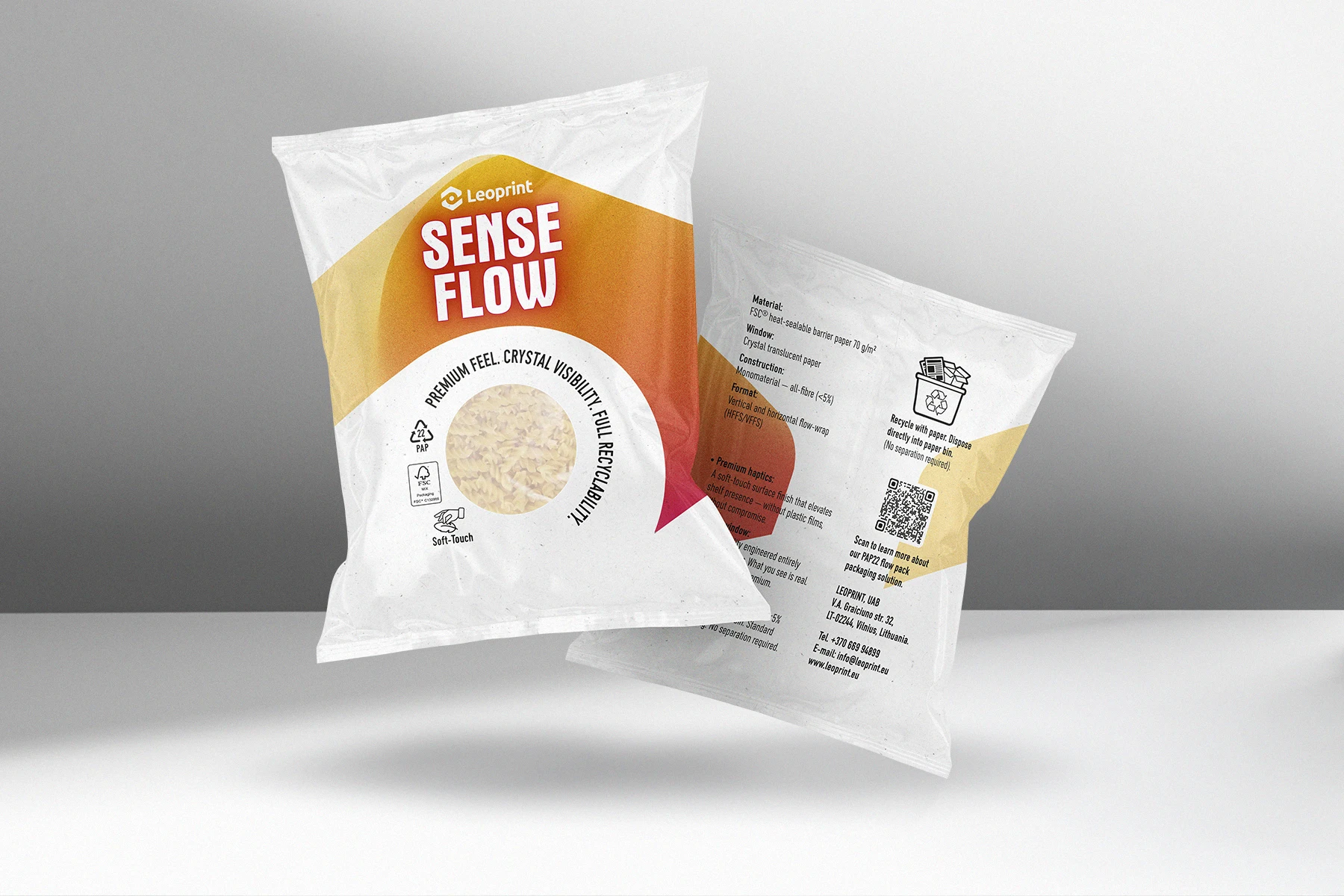 Leoprint SENSE FLOW soft-touch PAP 22 flow-pack with crystal window —  premium recyclable FSC® paper packaging for dry foods on HFFS/VFFS lines.