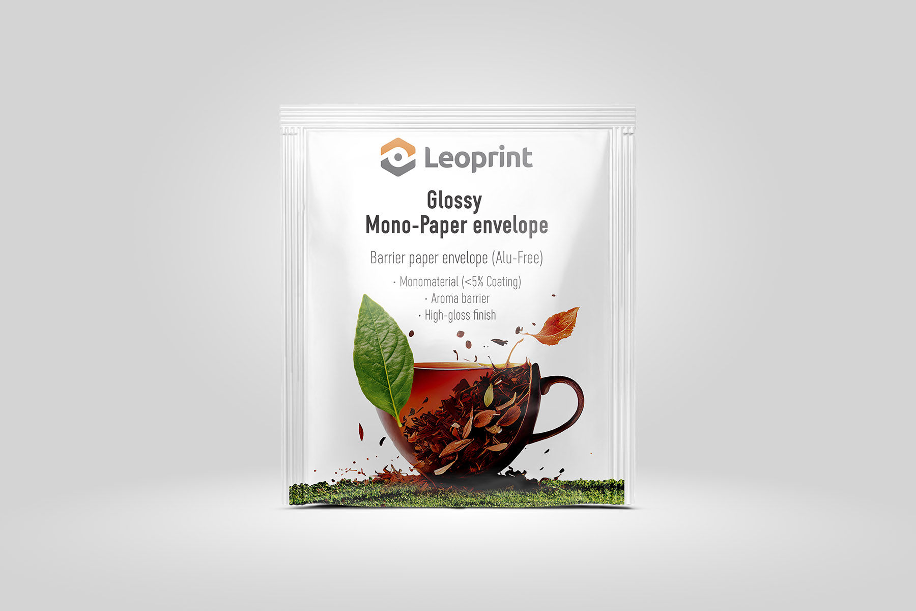 Leoprint Glossy Mono-Paper tea envelope render — heat-sealable barrier paper with PAP 22 monomaterial classification and KIT 12 grease barrier