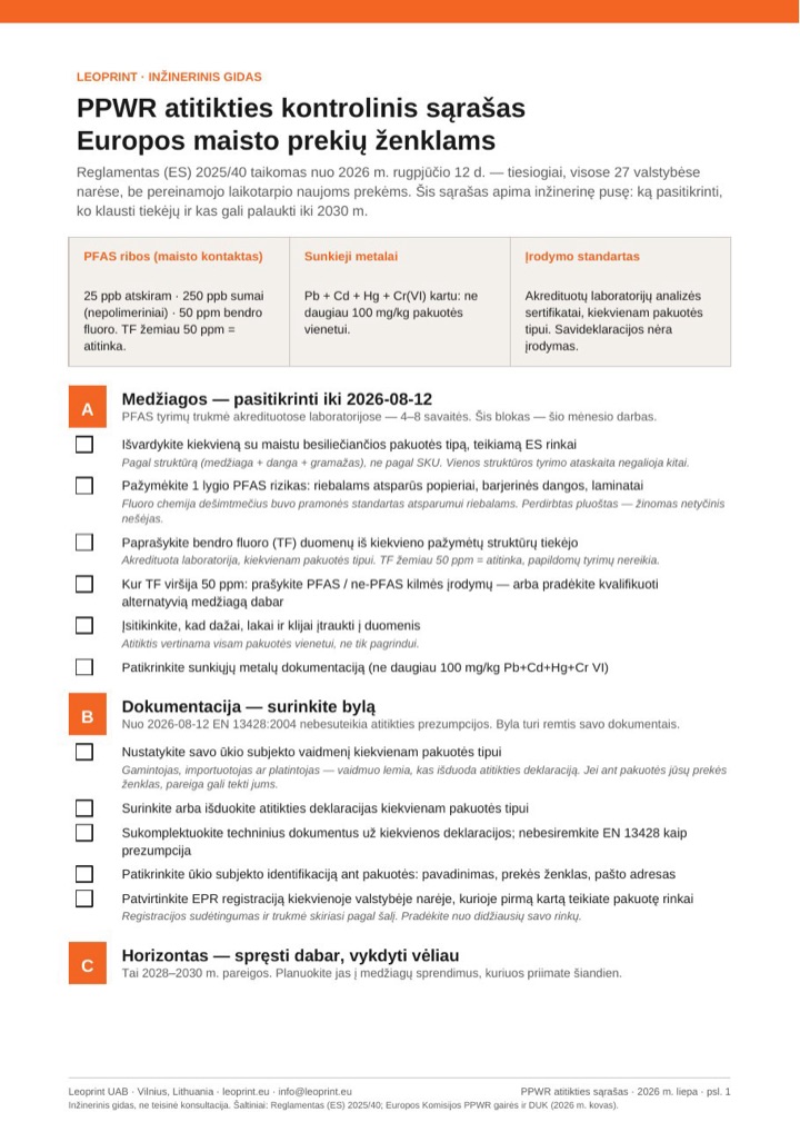 PPWR atitikties kontrolinis sąrašas