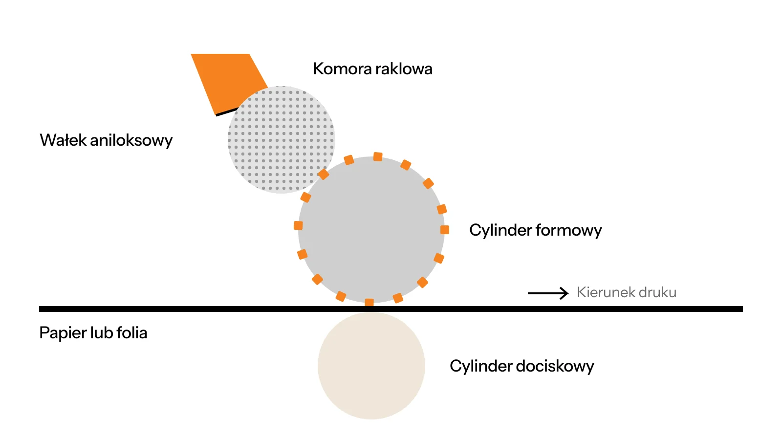 Schemat zespołu drukującego fleksograficznego: komora raklowa, wałek aniloksowy, cylinder formowy, cylinder dociskowy i przechodzące podłoże